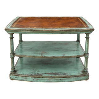 Custom Leather Top Distressed Teal Side Table With Two Tiered Shelves For Sale