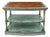 Custom Leather Top Distressed Teal Side Table With Two Tiered Shelves For Sale