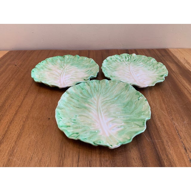 Late 20th Century Light Green Ceramic Hand Painted Cabbage Leaf 8” Salad Plates - Set of 3 For Sale - Image 5 of 9
