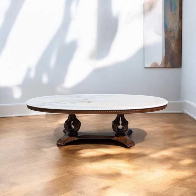Hollywood Regency Mid 20th Century Italian Coffee Table With Oval Marble Top & Sculptural Pedestal Base For Sale - Image 3 of 14