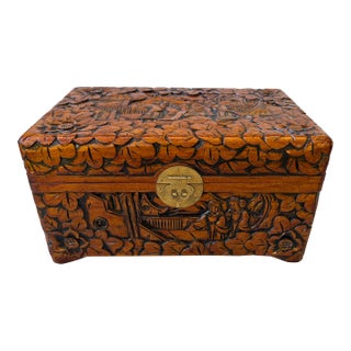 Vintage Chinese Camphor Carved Chest Box For Sale