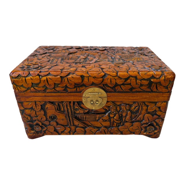 Vintage Chinese Camphor Carved Chest Box For Sale