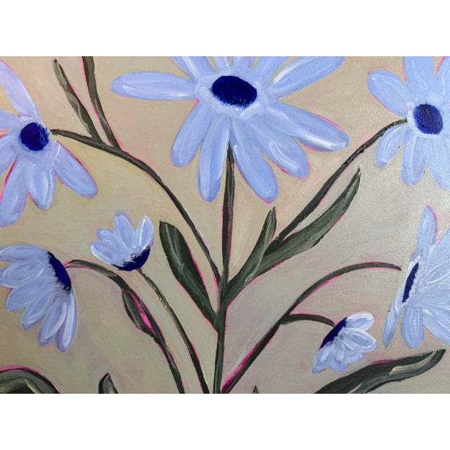 Contemporary Modern Abstract Floral Folk Art Acrylic Painting on Canvas, Signed, Dated For Sale - Image 3 of 4
