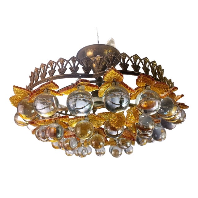 Chandelier in Forest Green Murano Glass and Brass For Sale
