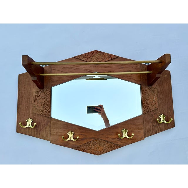 Mid-Century Modern Antique French Hallway Rack in Carved Wood with Mirror, Hat Shelf and Brass Hooks, 1890s For Sale - Image 3 of 8