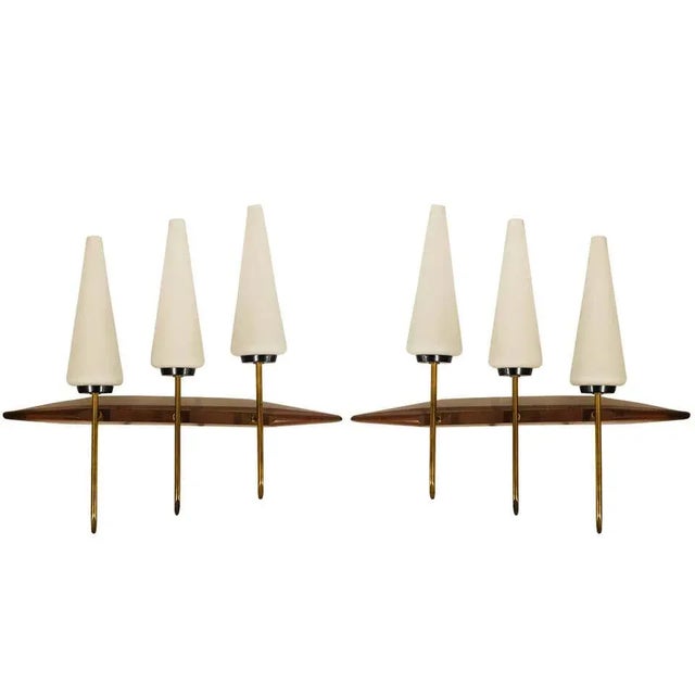 Brass 1960s French Teak and Brass Three Light Wall Lamps - a Pair For Sale - Image 8 of 8