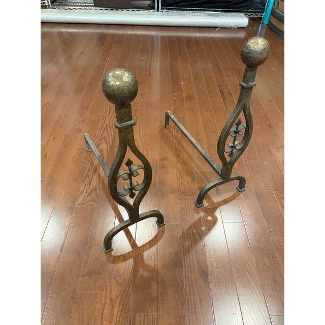 Vintage Hand-Forged Wrought Iron Fireplace Hearth Set: Contemporary 3-Piece Screen & Pair of Andirons For Sale - Image 11 of 12