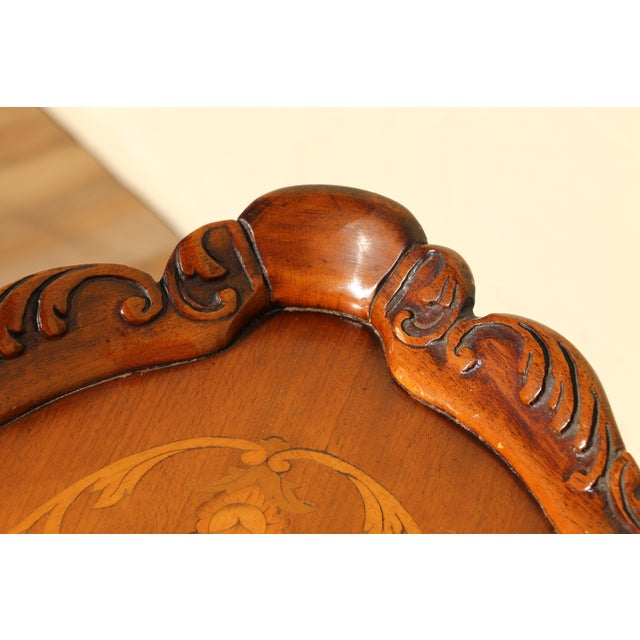 Pair of Louis XV Style Marquetry Side Tables/End Tables | French Rococo Revival Carved Wood For Sale - Image 11 of 18