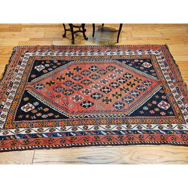 Vintage Qashqai Tribal Area Rug, Hand-Knotted Wool, Geometric Pattern, 5x7, Rust & Navy For Sale In Chicago - Image 6 of 16