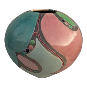 Artist Amadio Smith #29 Laguna Raku Art Pottery Crackle Glaze Multi-Color Vase