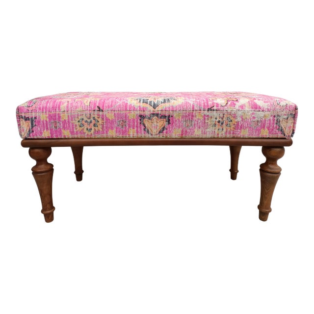 Handmade Woodwork Vanity Bench Upholstered in Rug Print Fabric For Sale
