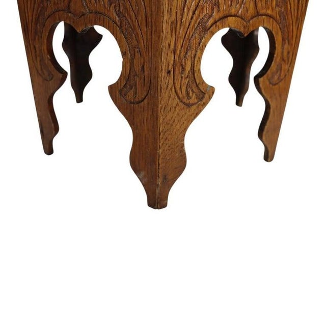 1920s Arts & Crafts Floral & Foliate Press Oak Hexagonal Tabouret Plant Stand C1920 For Sale - Image 5 of 9