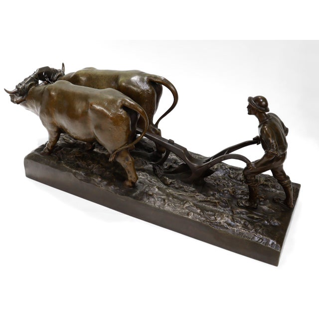 Antique Bronze Sculpture of a Farmer Plowing With Two Oxen by Marcel Debut For Sale In Philadelphia - Image 6 of 17