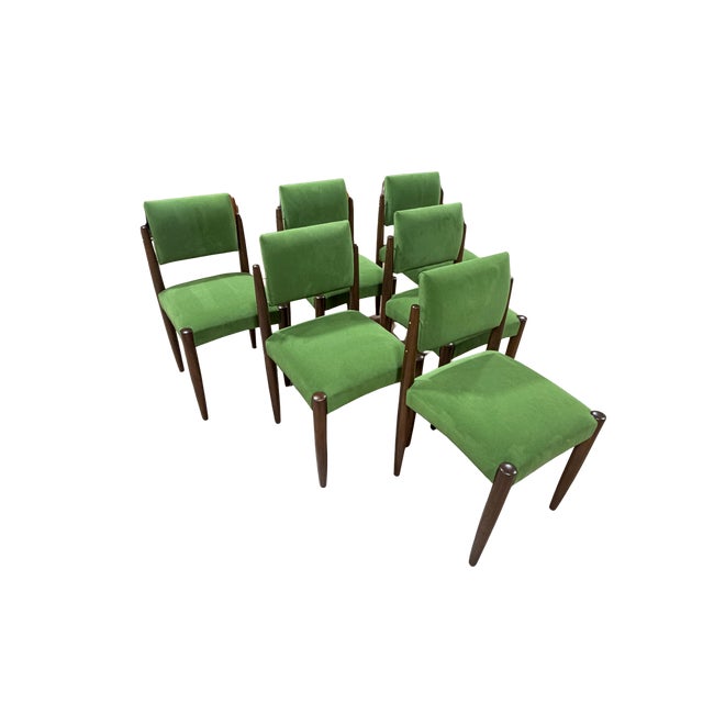 Set of 6 Italian Mid-Century Modern Dining Chairs in Walnut and Green Upholstery, C. 1960s For Sale - Image 4 of 8