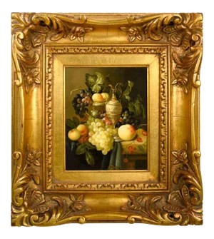 Vintage Still Life Oil on Board Grapes Peach Carafe Painting in Gilt Frame Signed