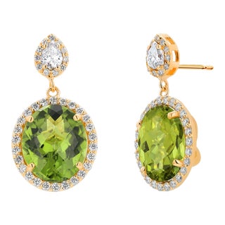 Peridot 13.10 Carat Pear Diamonds 1.75 Carat Halo 1.10 Inch Long 14 Karat Yellow Gold Earrings - 2 Pieces For Sale