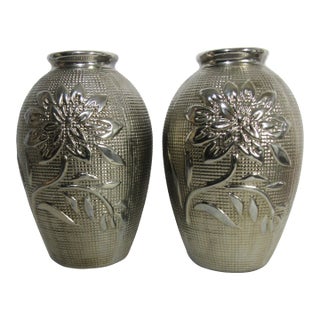 Vintage Pair of Silver Coated Clay Vases For Sale