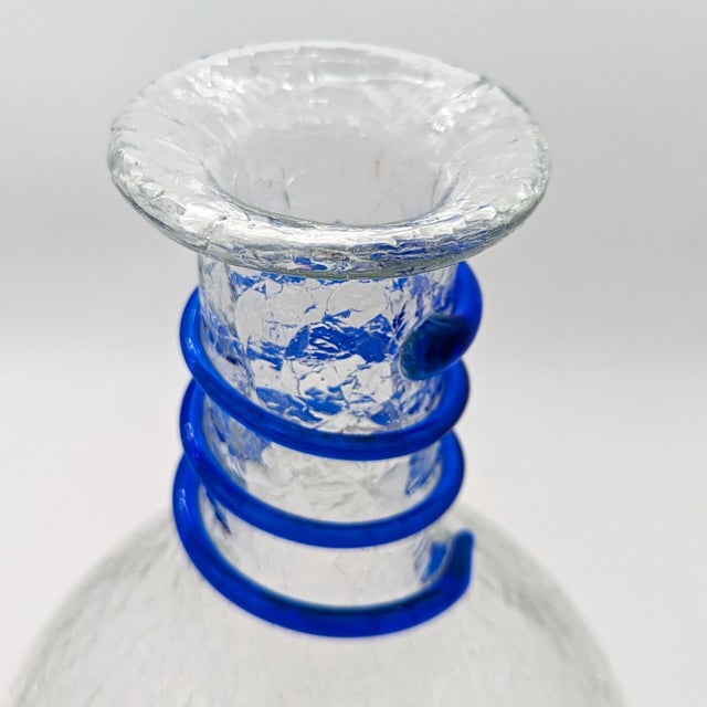 Blenko Blenko Clear Crackle Decanter #9432 Clear Crystal With Electric Blue Spiral Ribbing C 2007 For Sale - Image 4 of 12