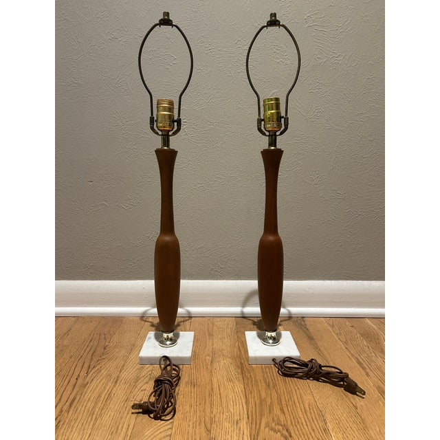 Mid-Century Modern 1960s Mid-Century Walnut and Marble Table Lamps - a Pair For Sale - Image 3 of 5