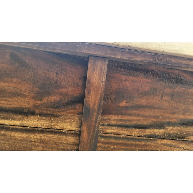 Vintage French Country Distressed Cream Painted Carved Wood Settee With Custom Toile Cushion For Sale - Image 15 of 15