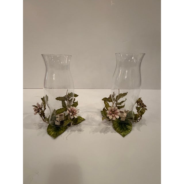 Transparent Vintage Italian Painted Tole & Glass Candle Hurricanes -a Pair For Sale - Image 8 of 10