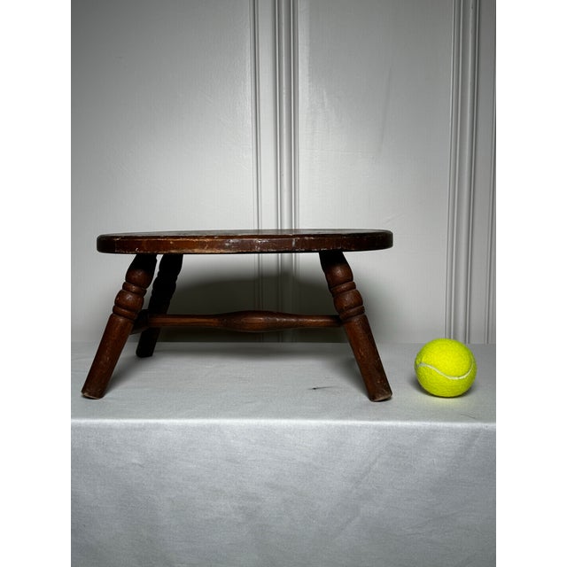 Vintage Early American Primitive Oval Splayed Solid Wood Turned Leg Low Stool For Sale - Image 10 of 10
