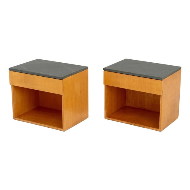 Modern Gray Stone Oak Bedside Tables, Pair For Sale