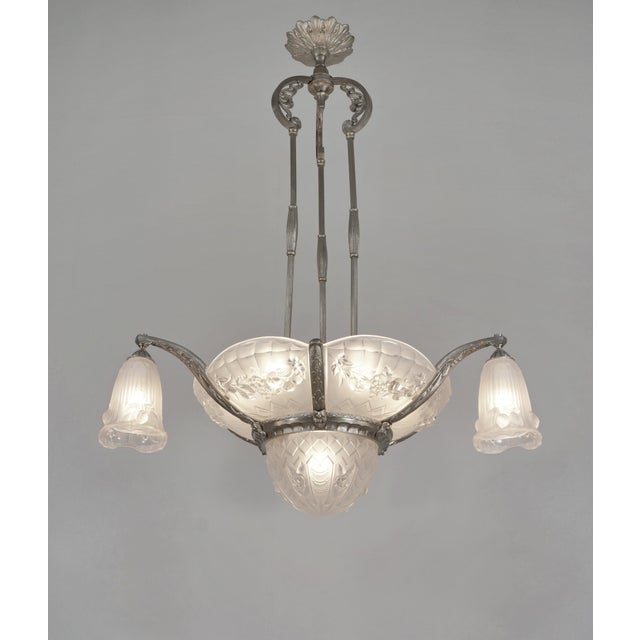 Art Deco Gilles French Art Deco Multi-Light Chandelier 1930s - Fruit Motif Frosted Glass For Sale - Image 3 of 12