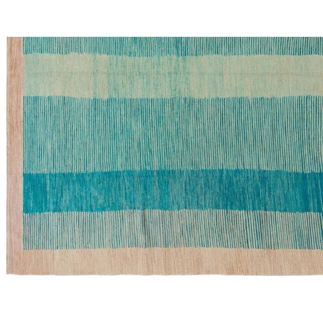 Teal Modern Expressionist Flat-Weave Room Size Wool Rug For Sale - Image 4 of 13