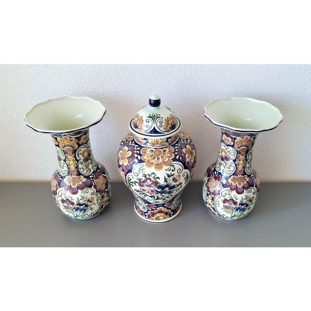 Traditional Set of Three Handworked Polychrome Boch Faience Vases, Premium Belgian Garniture Set For Sale - Image 3 of 11