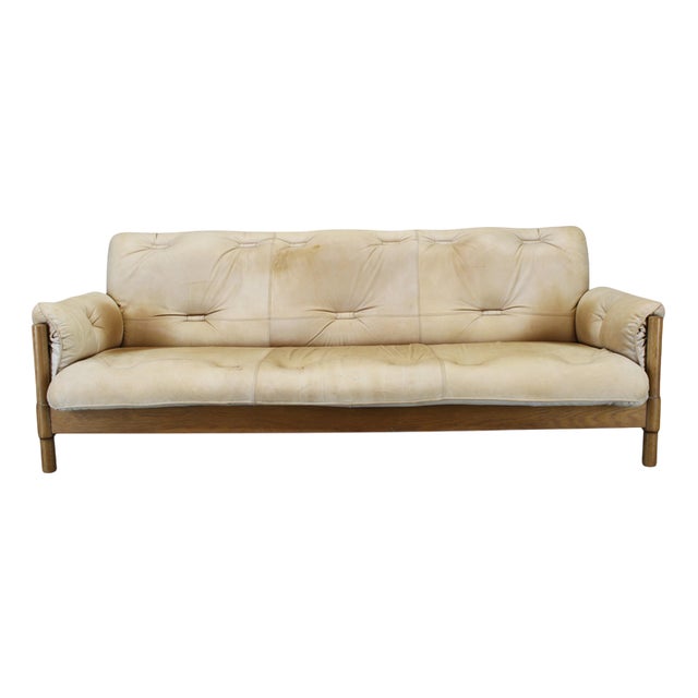 Scandinavian 3-Seater Sofa in Oak and Leather Upholstery, 1960s For Sale