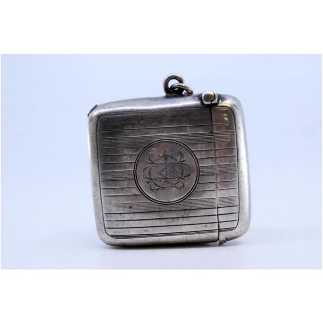 Guilloche Silver Matchbox with Bands, Monogram Card and Hinged Lid For Sale - Image 5 of 8