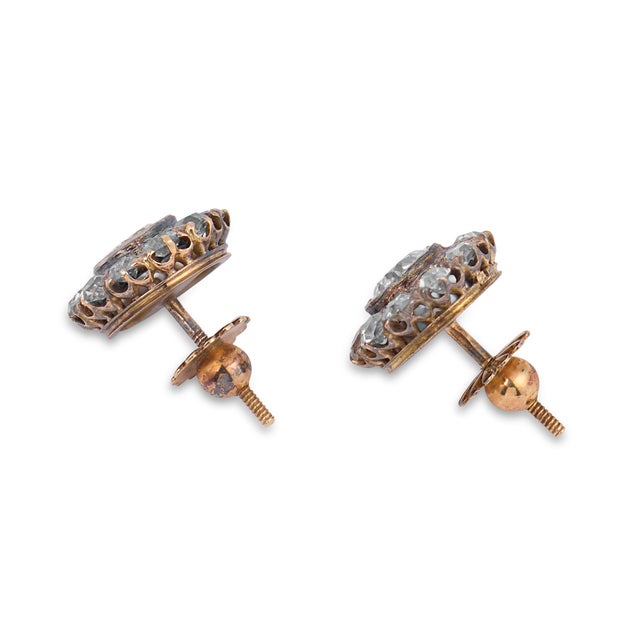 Metal 19th Century Victorian 2.90 Carat Diamond 14k Yellow Gold Cluster Earrings, A Pair For Sale - Image 7 of 7