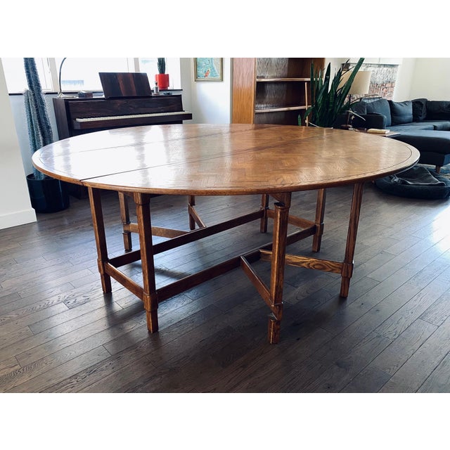 1980s Vintage Large Oak Parquet Top Drop Leaf Dining Table For Sale - Image 5 of 12