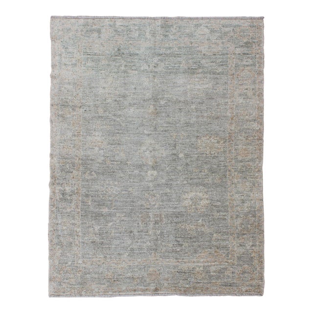 Turkish Angora Oushak Rug With Soft Green Field and Subtle Tan Accents For Sale