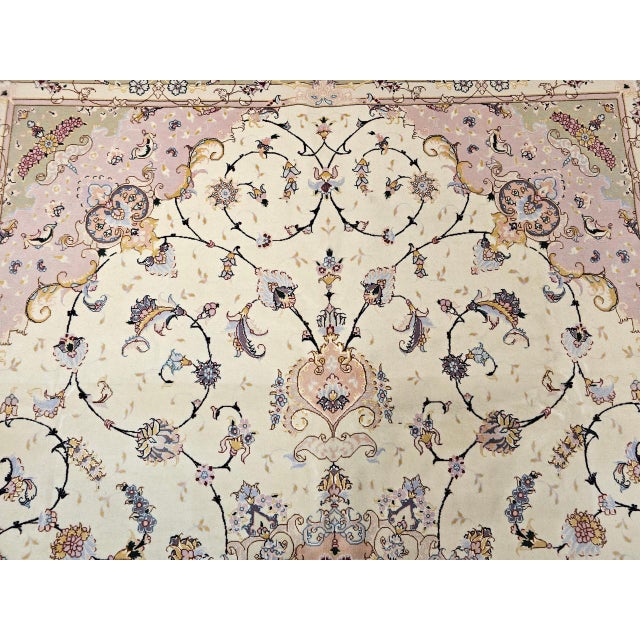 Persian Tabriz Rug, Hand-Knotted Wool & Silk, Fine Floral Pattern, Ivory & Pink, 7x10 For Sale - Image 13 of 15