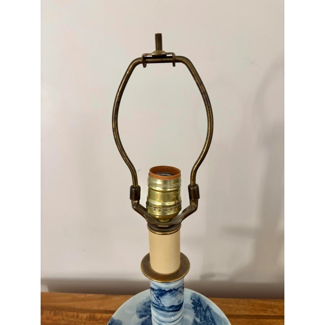 Wood Rewired 1950s Japanese Porcelain Candelabra Table Lamp With Wicker Shade For Sale - Image 7 of 8