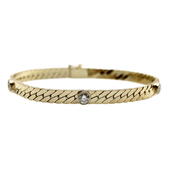 Vintage 14k Gold Herringbone Link Diamond Bracelet For Sale