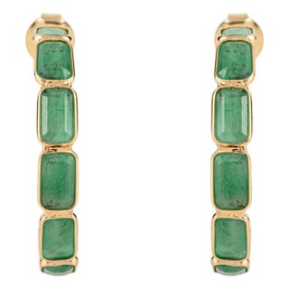 5.45 Carat Octagon Emerald Hoop Earrings for Women in 18k Yellow Gold- 2 Pieces For Sale