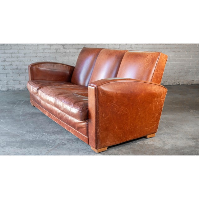 Animal Skin Vintage Art Deco Cognac Leather Sofa For Sale - Image 7 of 16