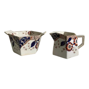 1890s, Ridgways Stoke on Trent Staffordshire Cream & Open Sugar Bowl Set with Hand Painted Floral Design
