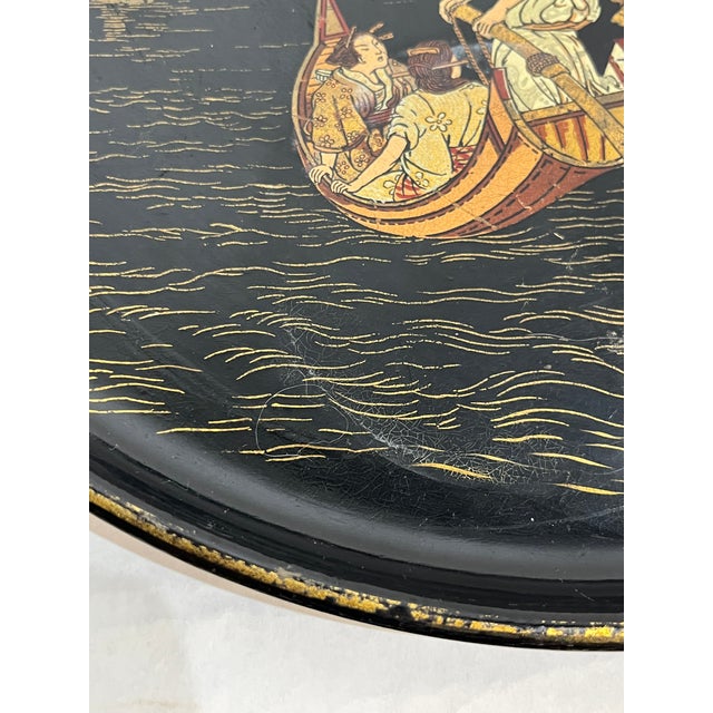Paper Antique Chinese Papier Mâché Lacquer Tray With Chinoiserie Landscape – Late 19th Century For Sale - Image 7 of 11