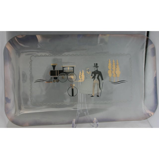 Mid-Century Large Iridescent Clear Glass Tray Black & Gold Victorian Scene For Sale - Image 9 of 10