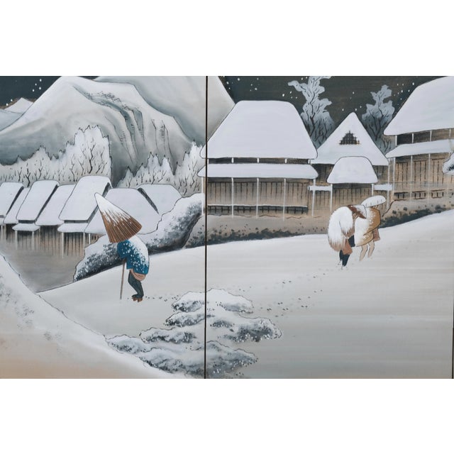White 1970s Japanese Byobu "Snowy Mountain Home Winter" 4-Panel Folding Screen White & Gold For Sale - Image 8 of 11