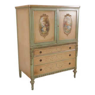 Antique Barbola French Louis XVI Romantic Painted Shabby Tall Chest or Highboy For Sale