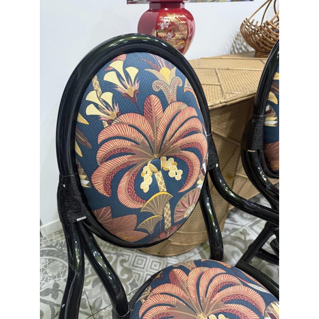 Black Lacquered Bamboo Chairs with Floral Fabric by Vivai Del Sud, 1970, Set of 4 For Sale - Image 6 of 11