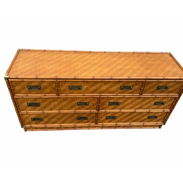 Dixie Furniture Co. Vintage MCM Faux Bamboo & Rattan Campaign Style Low Dresser For Sale - Image 4 of 10