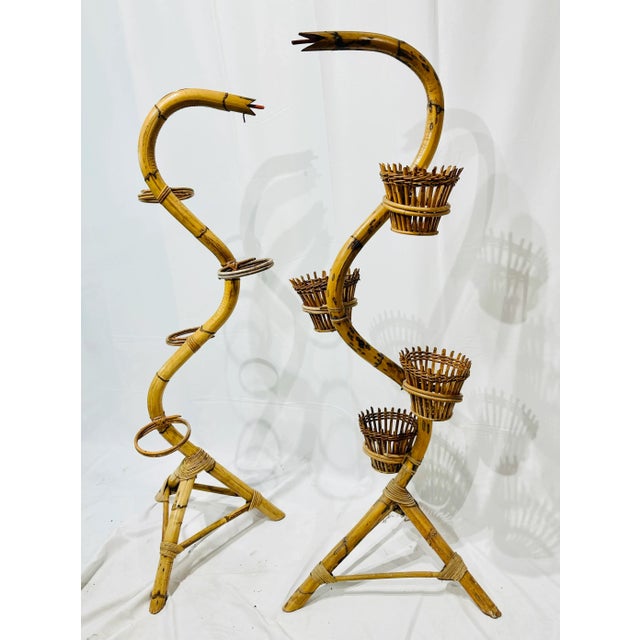 Pair Vintage Italian Rattan & Bamboo “Snake” Plant Stands For Sale - Image 10 of 10