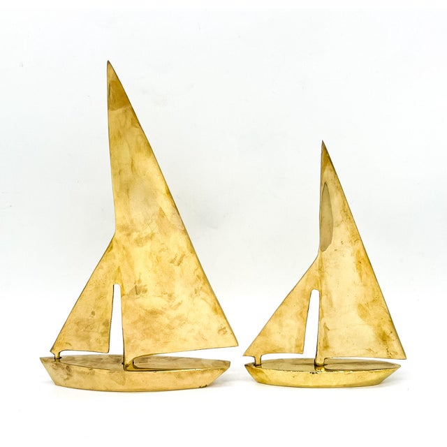 Vintage Nautical Brass Sailboat Sculptures a Pair – Mid-Century Modern / Coastal Style For Sale - Image 9 of 10