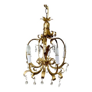 1950 Italian Gilt Tole Crystal Prisms Chandelier For Sale